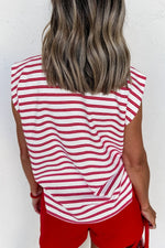 Stripe Textured Knit Button Detail Short Sleeve Casual Tee