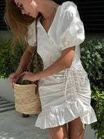 Ruffled Hem Ruched Puff Sleeve Mini Dress