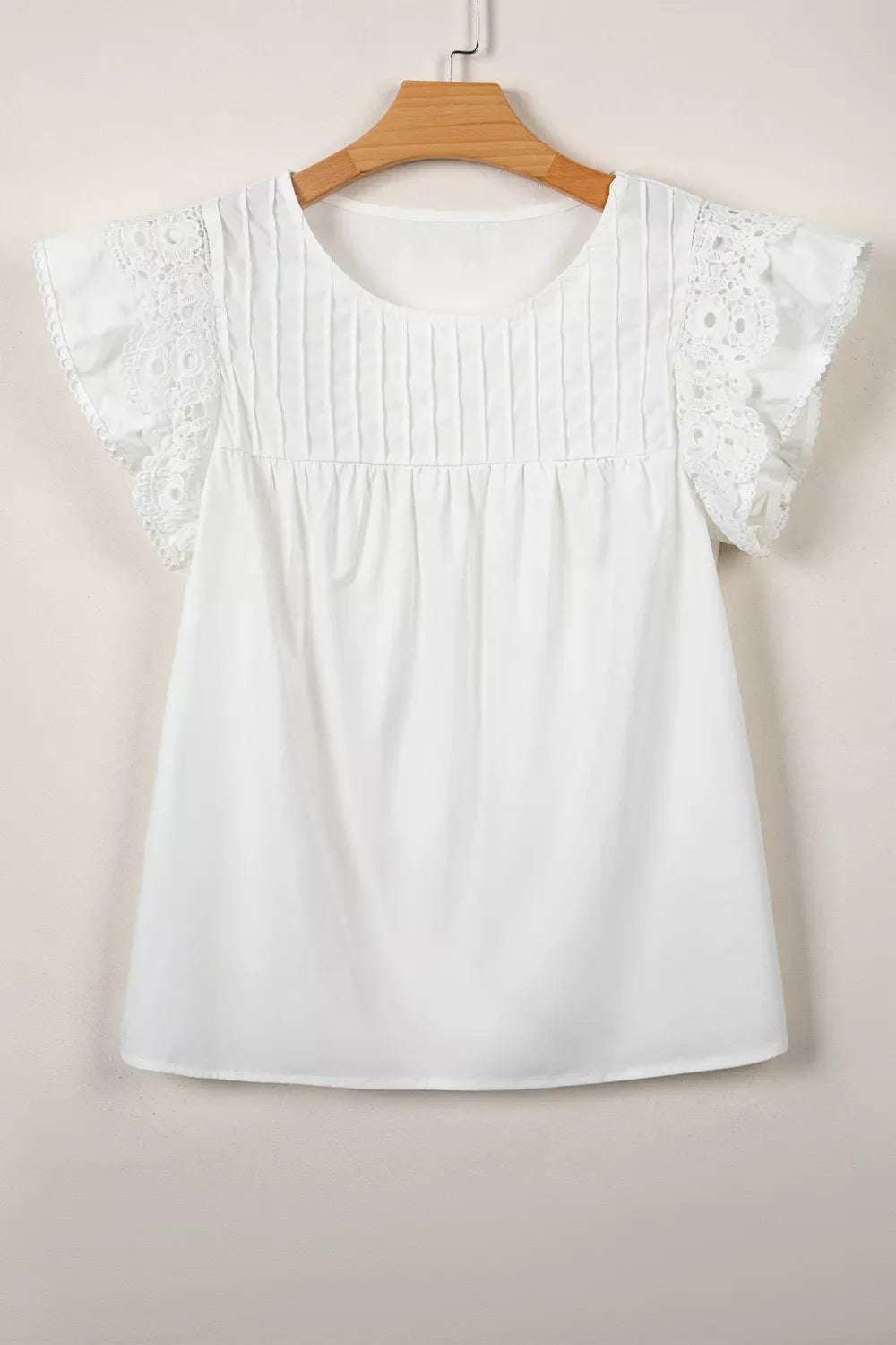 Lace Detail Flutter Sleeve Pleated Round Neck Blouse