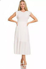 Zenana Woven Smocked Ruffle Sleeve Midi Dress