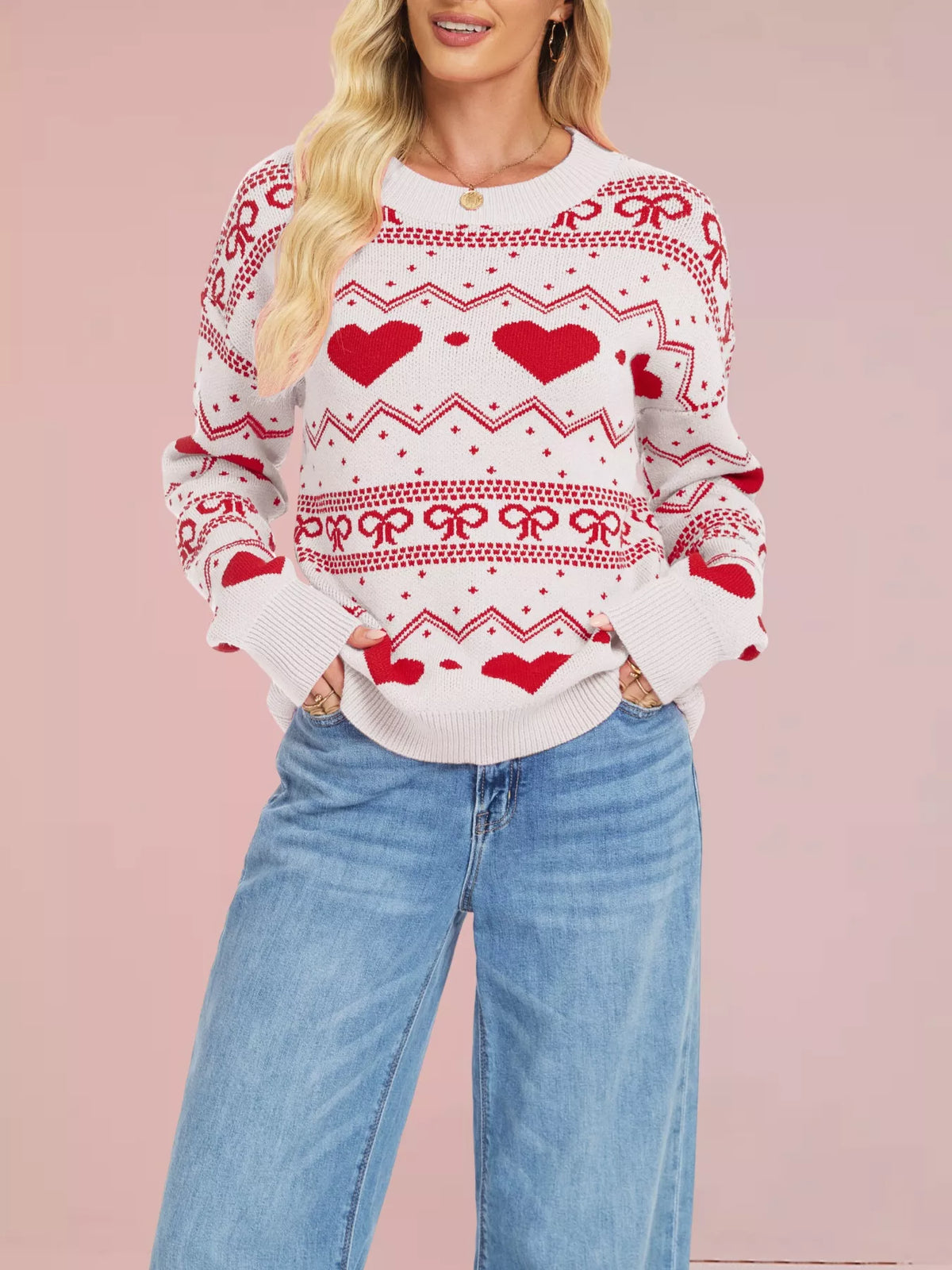 Heart & Bow Pattern Round Neck Sweater