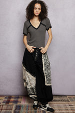 POL Lace Detail V-Neck Short Sleeve Textured T-Shirt