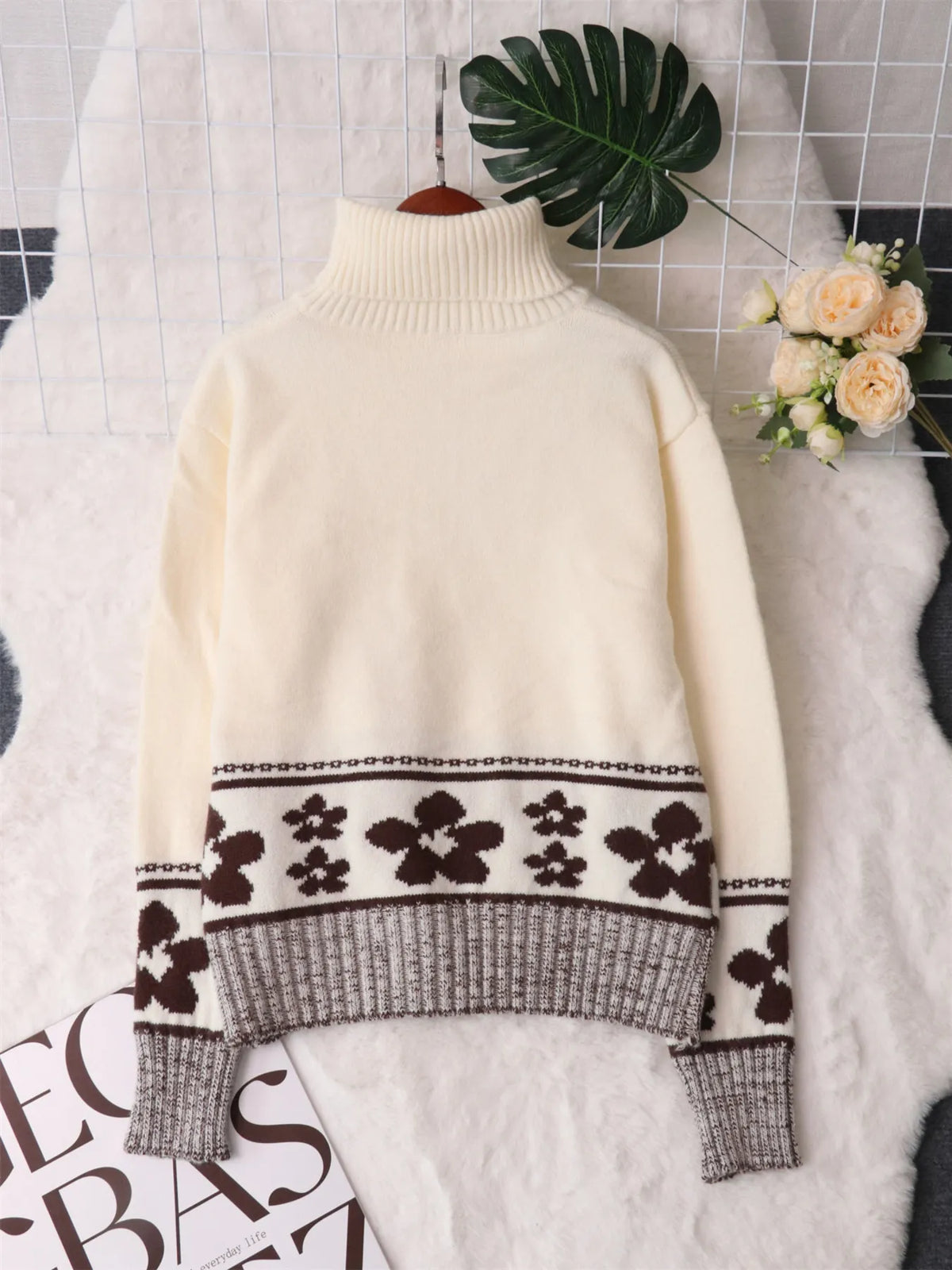 Flower Zip Collar Long Sleeve Sweater