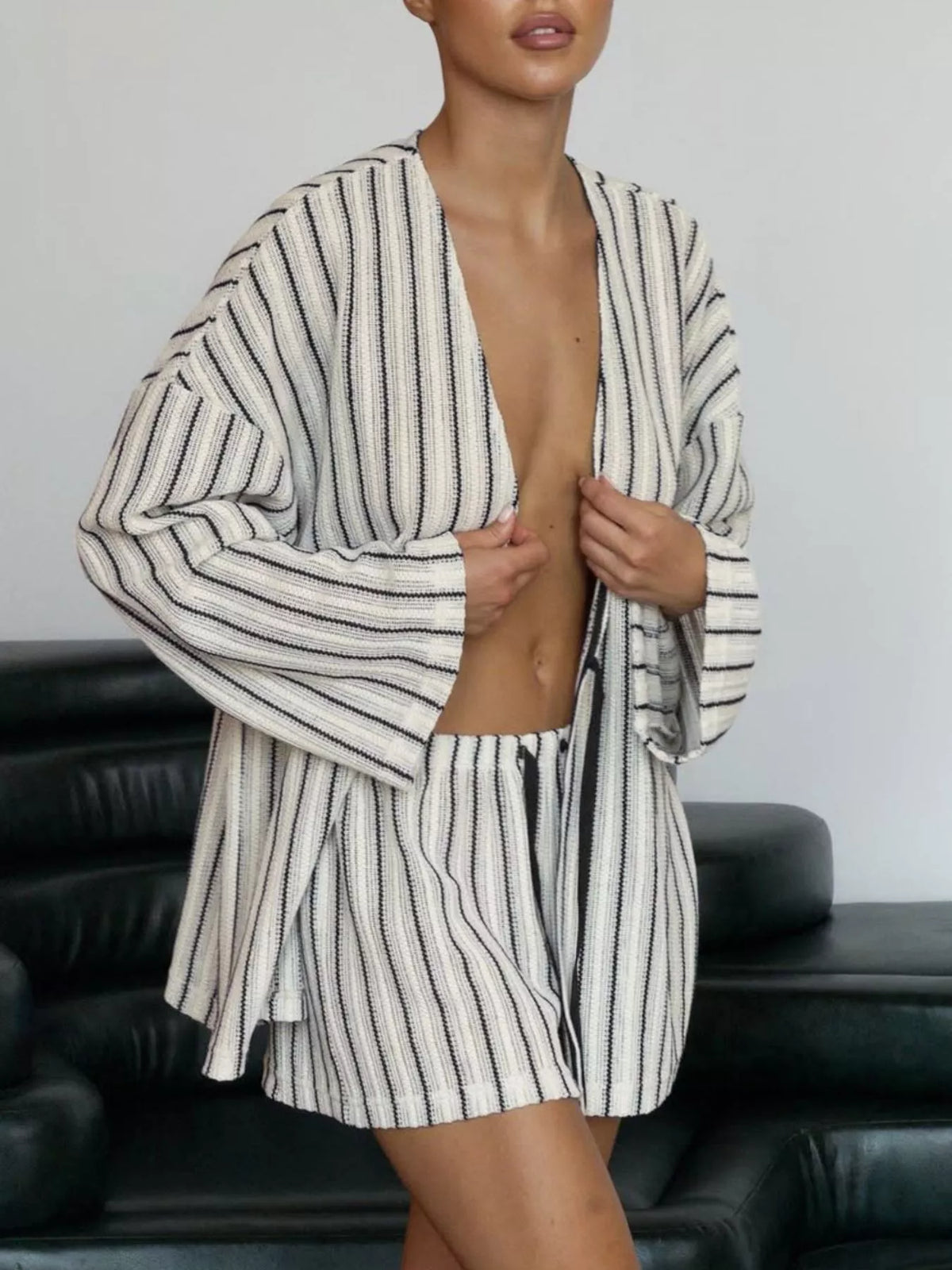 Striped Tie Front Top and Shorts Lounge Set
