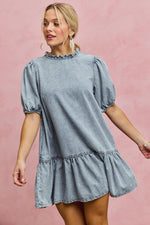 SO ME Denim Short Sleeves Mini Tiered Dress