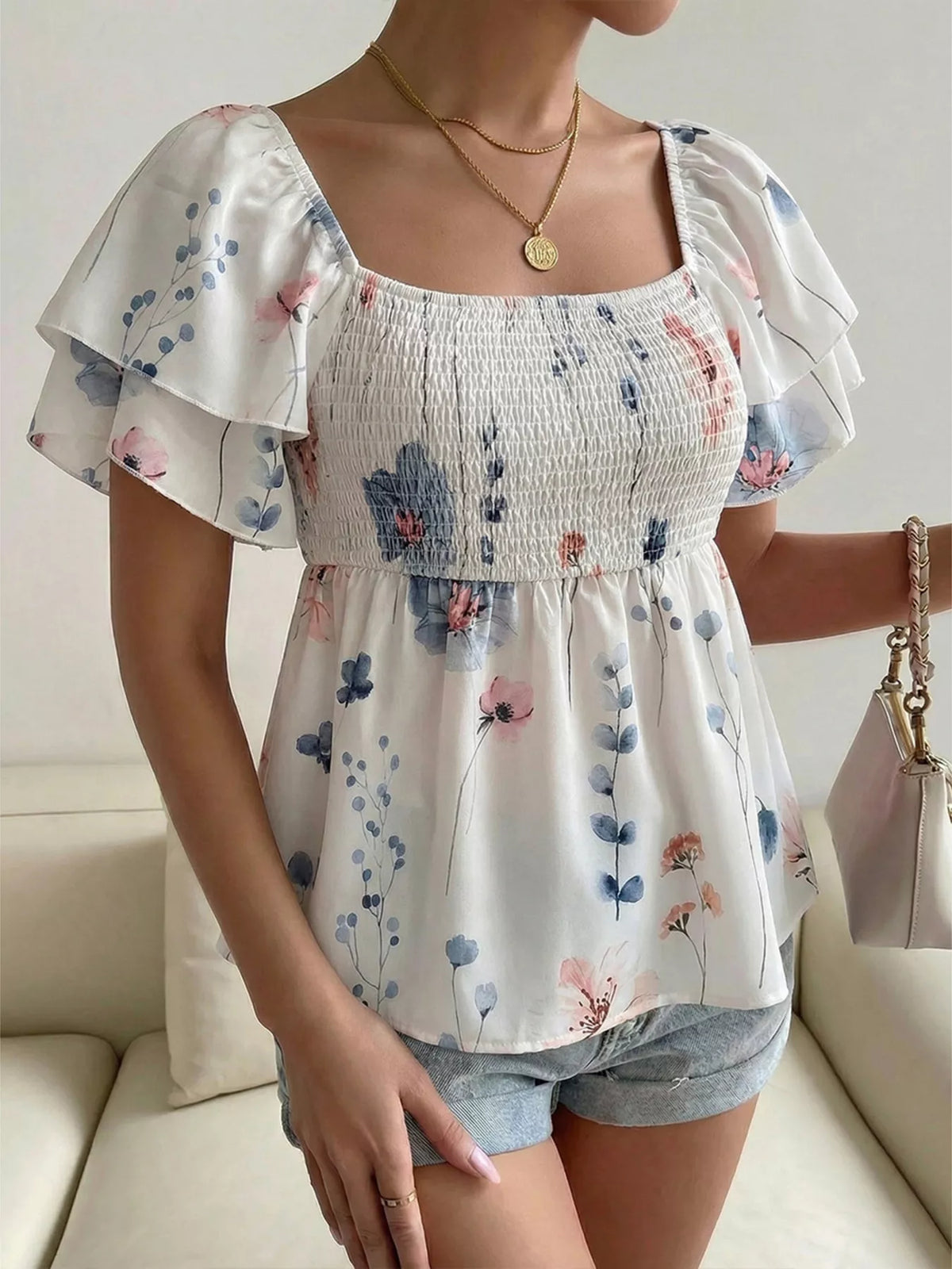 Smocked Square Neck Flutter Sleeve Blouse
