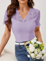 Lace Scalloped V-Neck Eyelet T-Shirt
