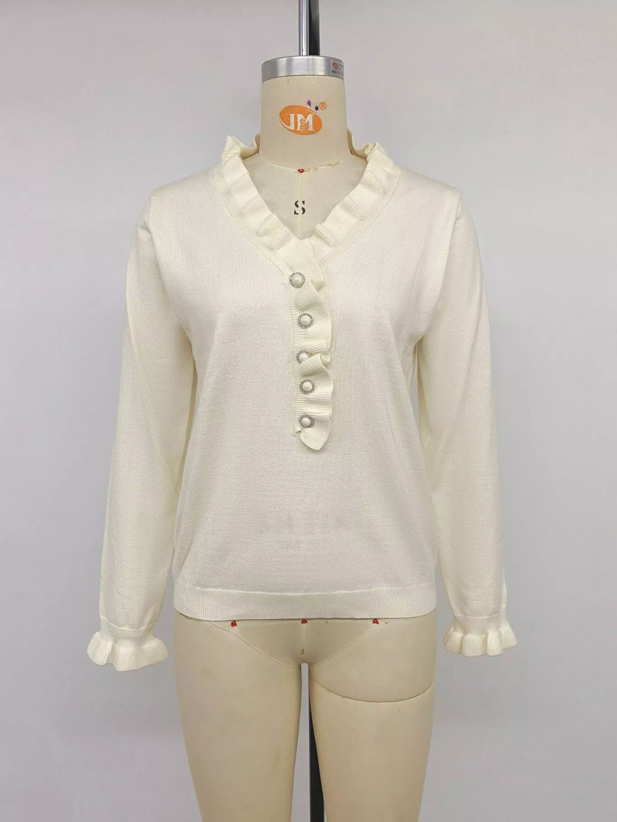 Ruffle Trim Pearl Button V-Neck Knit Top