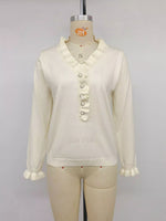 Ruffle Trim Pearl Button V-Neck Knit Top