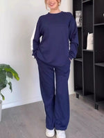 Full Size Contrast Round Neck Top and Pants Set Plus Size