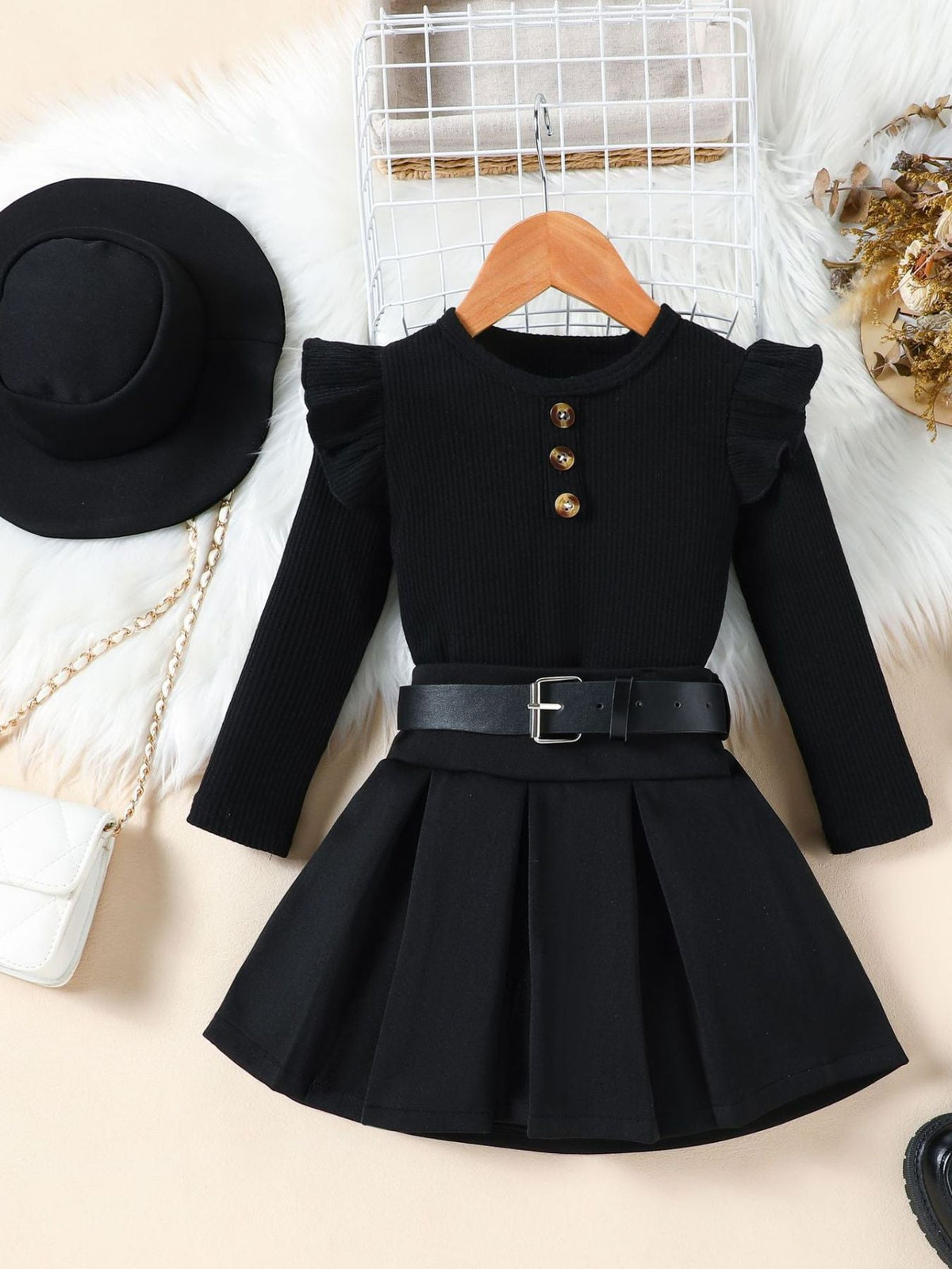 Children's Ruffle Sleeve Top & Pleated Skirt Set with Hat and Belt