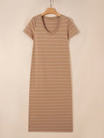 Stripe Short Sleeve Side Slit Maxi T Shirt Dress