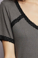 POL Lace Detail V-Neck Short Sleeve Textured T-Shirt