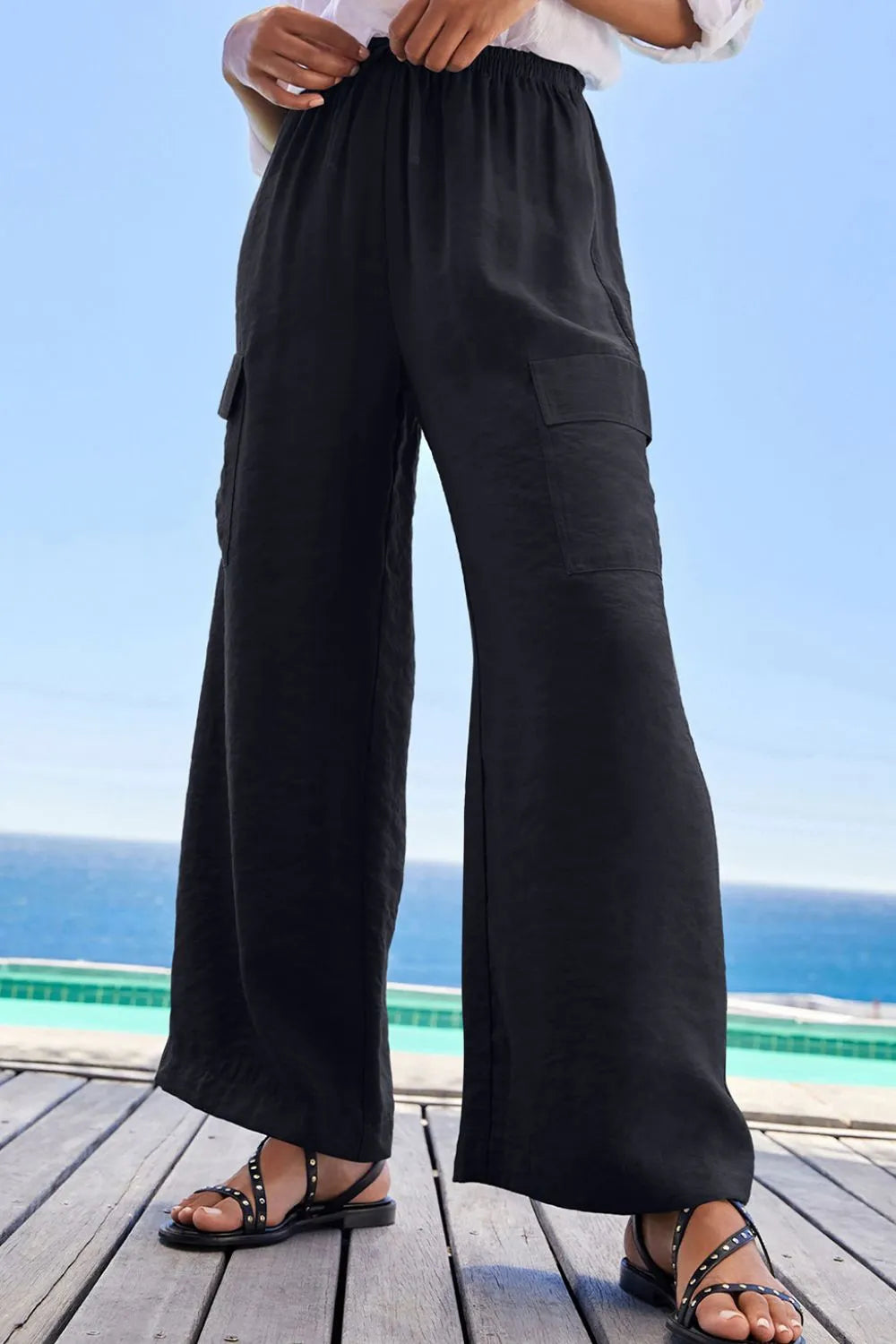 Drawstring Frilled Waist Wide Leg Utility Trousers