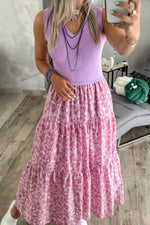 Ribbed V Neck Tank Floral Contrast Patchwork Dress