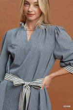 Umgee Textured Contrast Trim Tie Waist Mini Dress