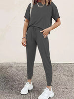 Full Size Round Neck Top and Drawstring Pants Set Plus Size