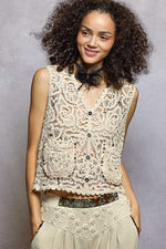 POL Button Down Cropped Crochet Vest with Scalloped Edge