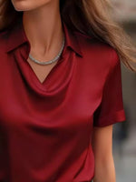 Full Size Cowl Neck Short Sleeve Satin Blouse Plus Size