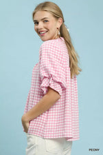 Umgee Gingham Check Blouse with Ruffle Sleeves