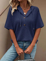 Drawstring Waffle-Knit Short Sleeve Hooded Top