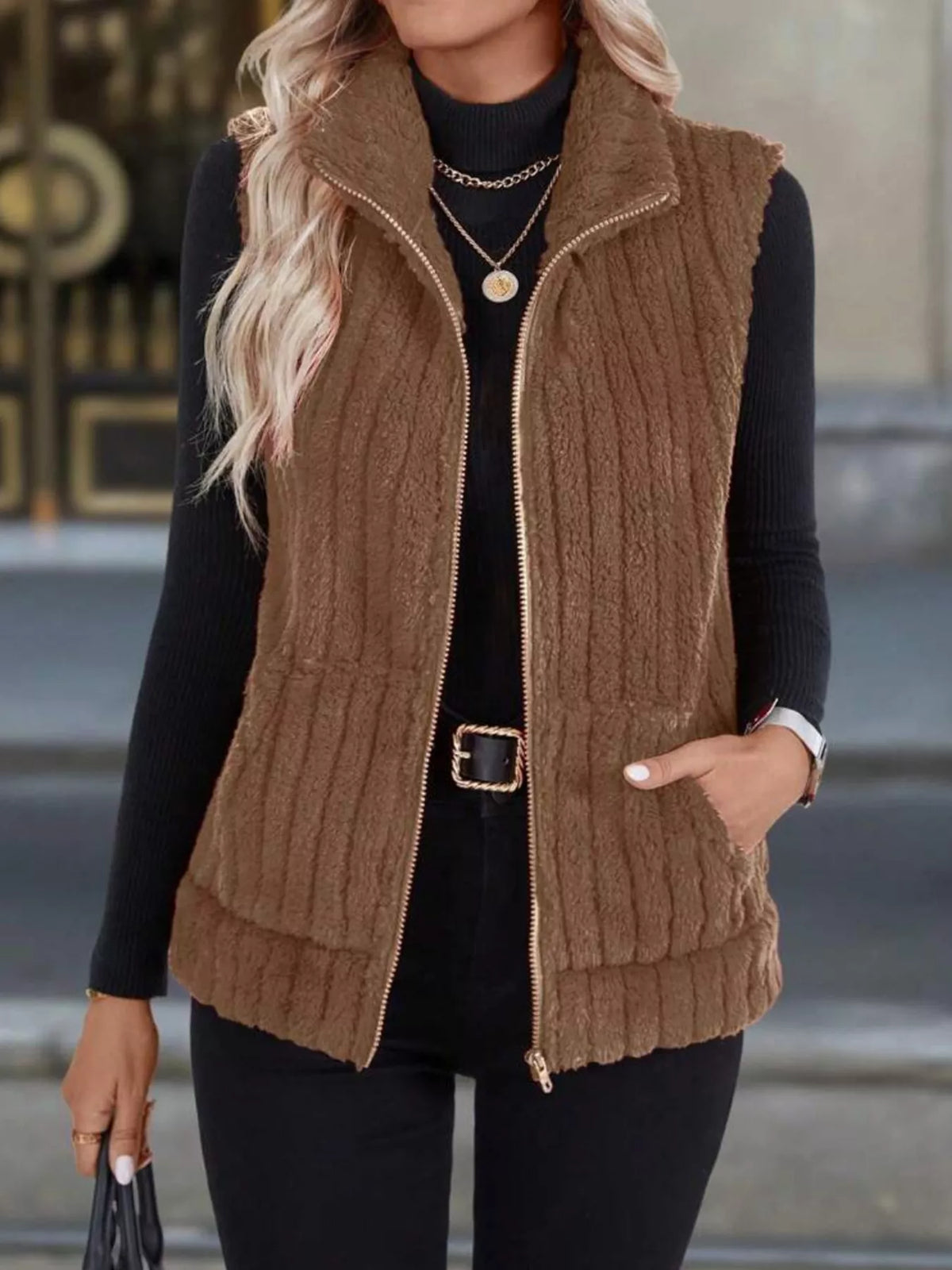 Full Size Fleece Zip-Up Vest Coat Plus Size