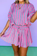 Stripe Dolman Short Sleeve Blouse Drawstring Elastic Waist Loose Short Set