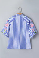 Striped Floral Embroidered Puff Sleeve Button Down Shirt
