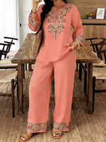 Full Size Embroidered Long Sleeve Top and Pants Set Plus Size