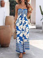 Floral Print Tie Front Strapless Wide Leg Jumpsuit