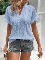 Openwork Notched Short Sleeve Blouse