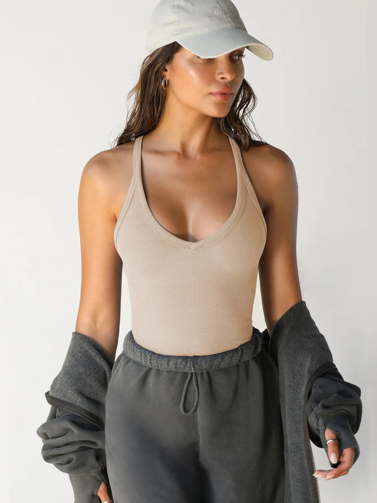 Ribbed V-Neck Halter Tank Top