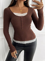 Lace Detail Long Sleeve Ribbed Top