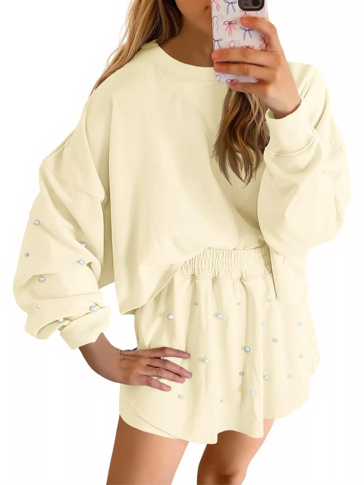 Pearl Embellished Round Neck Top and Skort Set