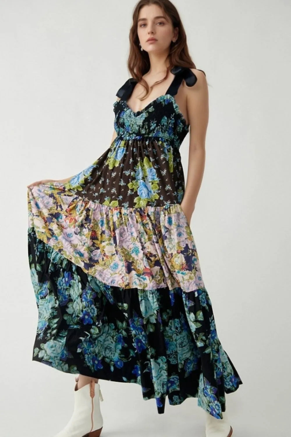 Floral Tiered Maxi Dress with Mixed Print Design