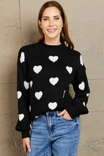 Heart Pattern Lantern Sleeve Round Neck Tunic Sweater