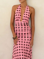 Polka Dot Halter Ruched Maxi Dress