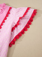 Eyelet Embroidered Flower Texture Contrast Lace Trim Flutter Sleeve Blouse