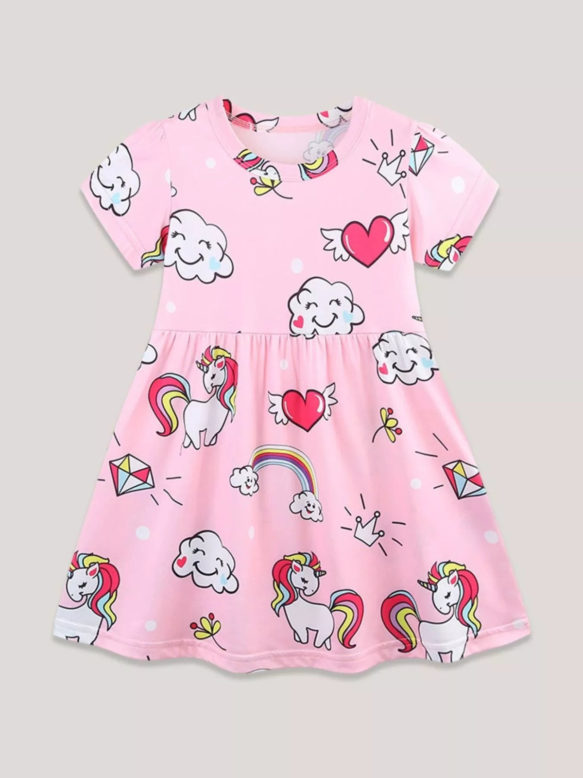 Children's Cartoon Unicorn Print Short Sleeve Dress