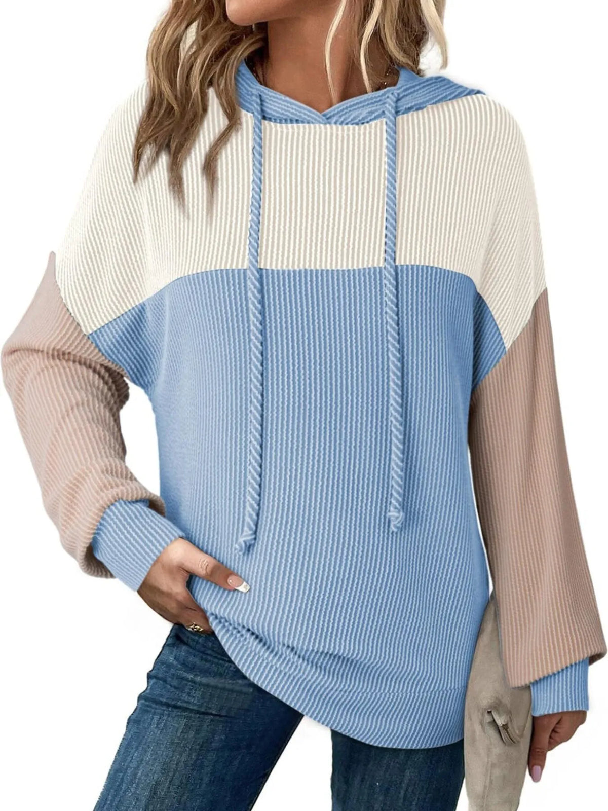 Drawstring Color Block Long Sleeve Hoodie