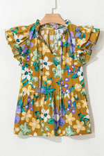 Floral Print Ruffle Cap Sleeve Tie Neck Top
