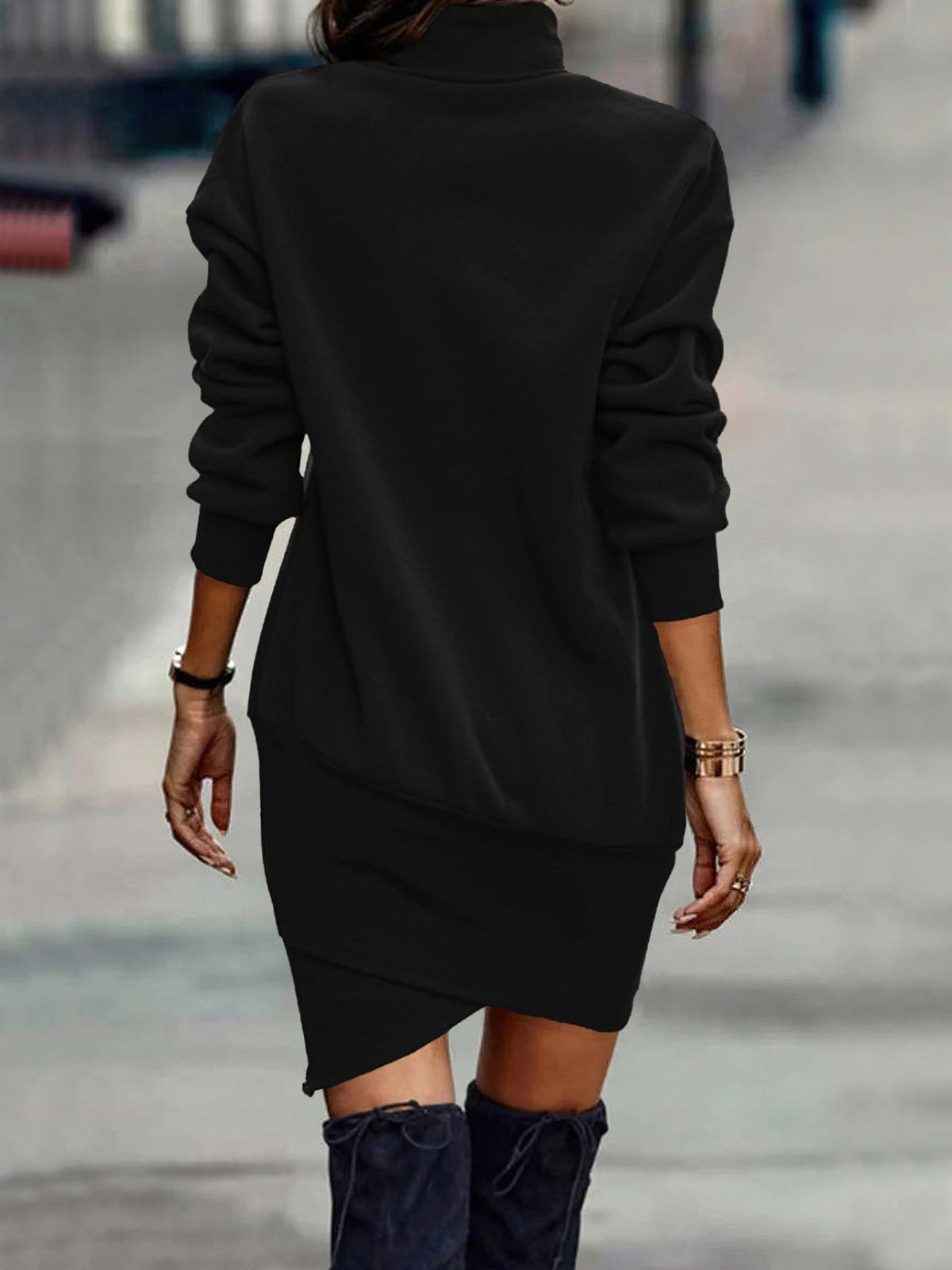 Turtleneck Long Sleeve Asymmetrical Hem Mini Dress