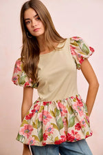 BiBi Floral Printed Bubble Sleeves and Hem Peplum Top