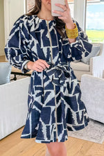 Abstract Geometric Print Zip Front Tie Waist Shift Dress