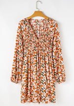 Smocked Printed V-Neck Long Sleeve Dress