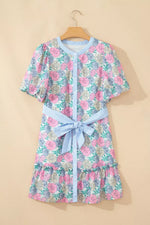 Floral Print Striped Contrast Trim Belted Short Dress