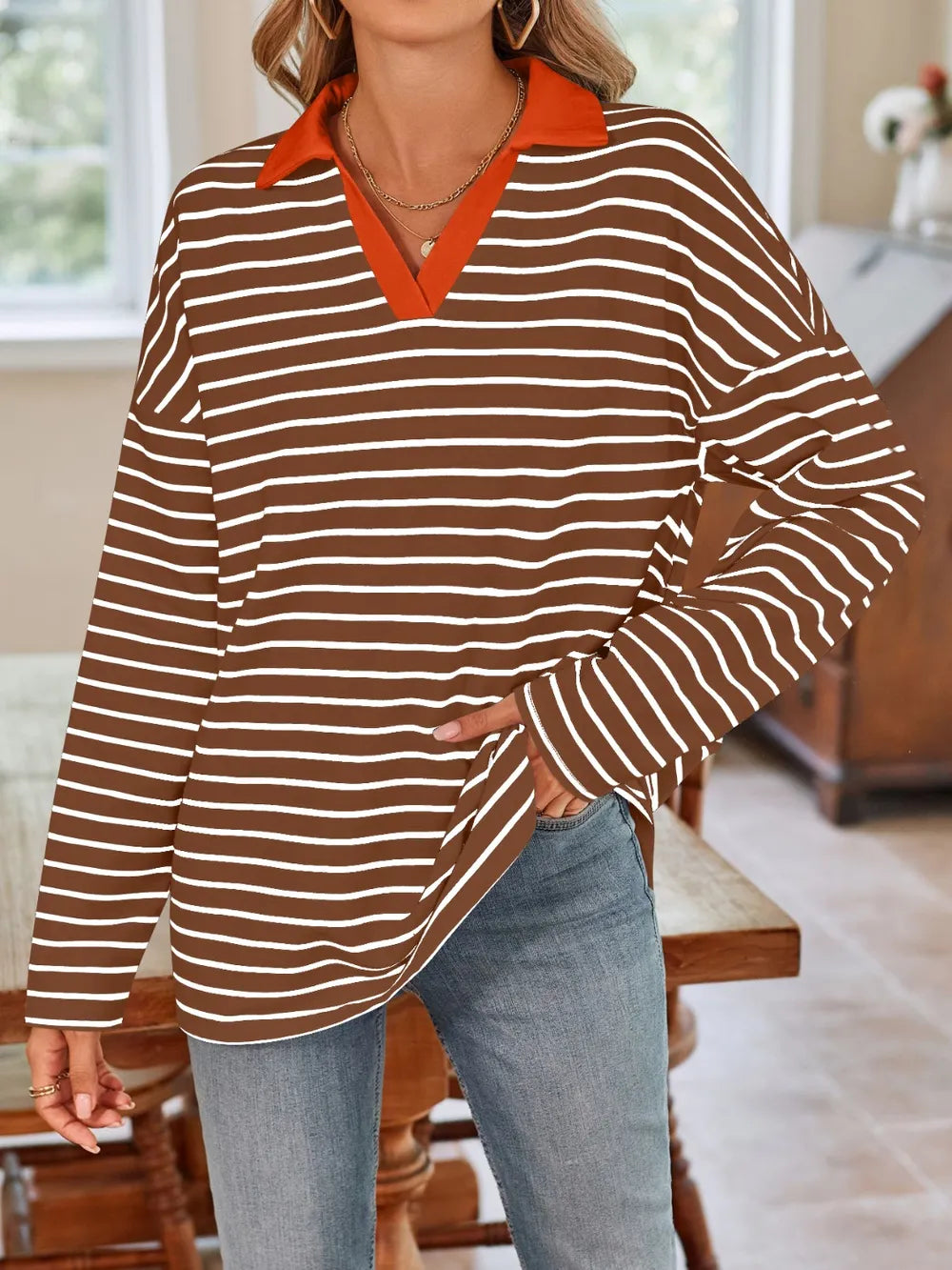 Lovelet Striped Johnny Collar Long Sleeve T-Shirt
