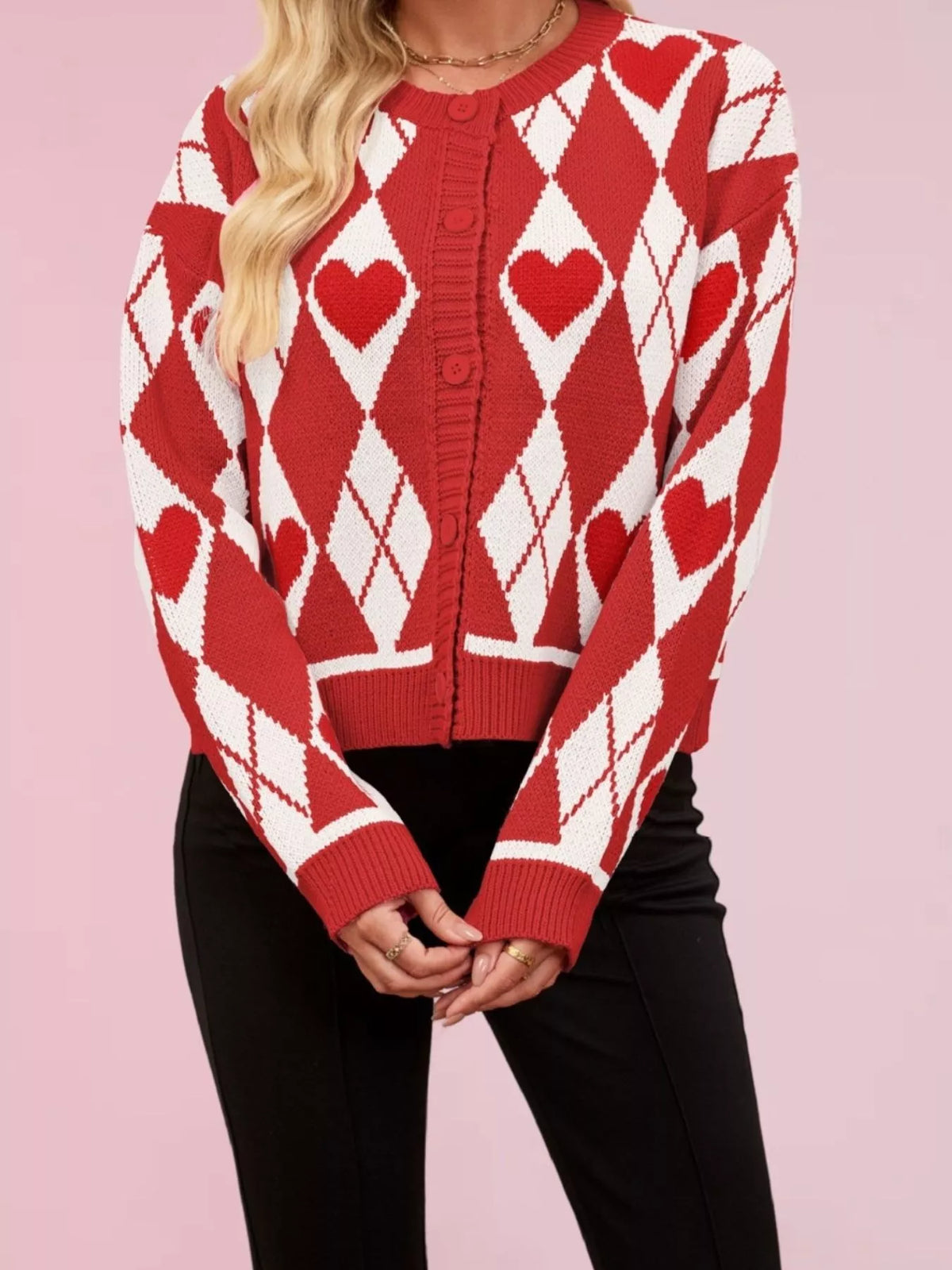 Argyle Heart Pattern Button-Up Knit Cardigan