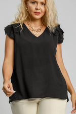 Umgee Full Size V-Neck Double Layered Ruffle Sleeve Blouse Plus Size