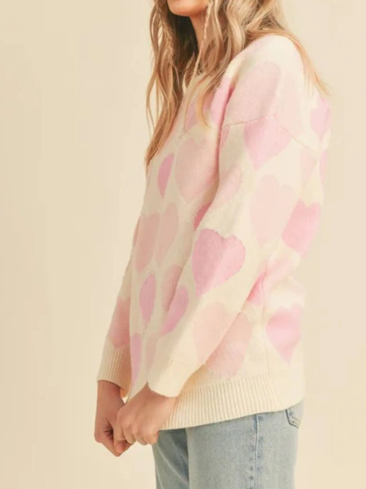 Heart Ribbed Hem Long Sleeve Sweater